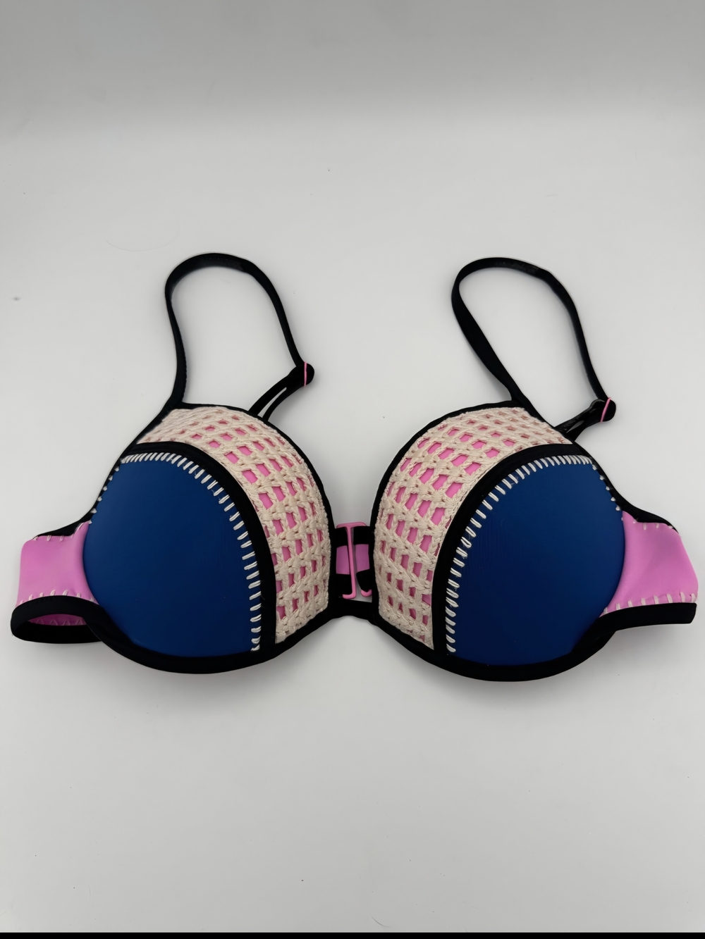Victoria's Secret Blue and Pink Woven Detail Bikini Top 36C